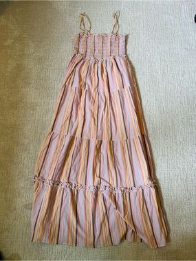 Steele Smocked Midi Dress in Pink Stripe